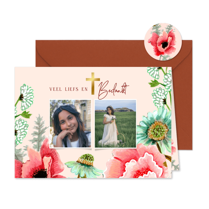 Communie bedankkaart met bloemen en goudlook kruisje - Kaartimpressie