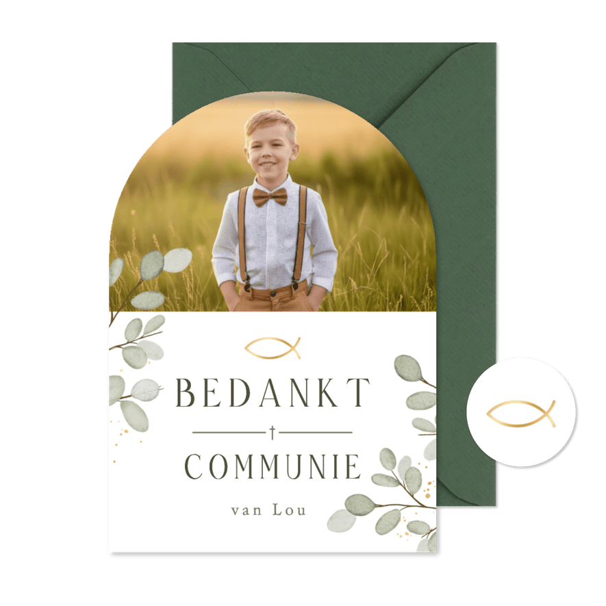 Communie bedankkaart met foto eucalyptus & Ichtus visje - Kaartimpressie
