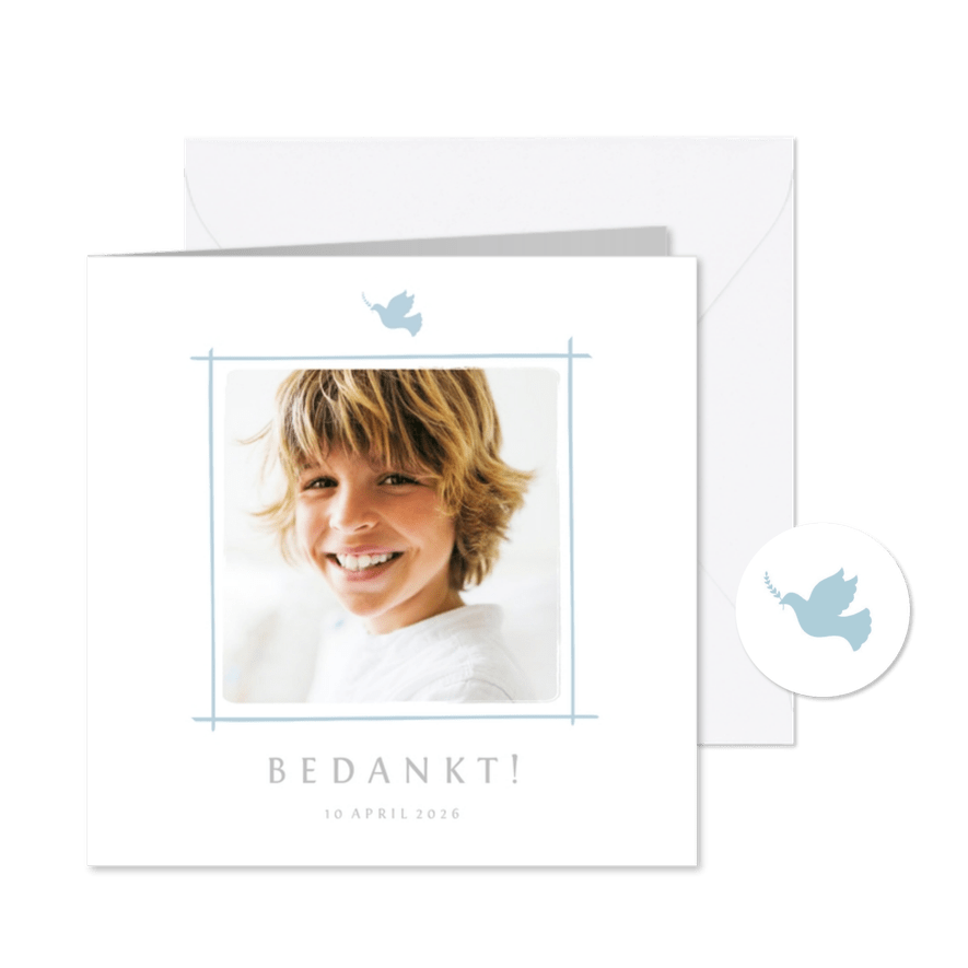 Communie bedankkaartje foto en blauw duifje - Kaartimpressie