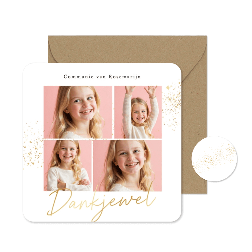 Communie bedankkaartje fotocollage wit met gouden spetters  - Kaartimpressie