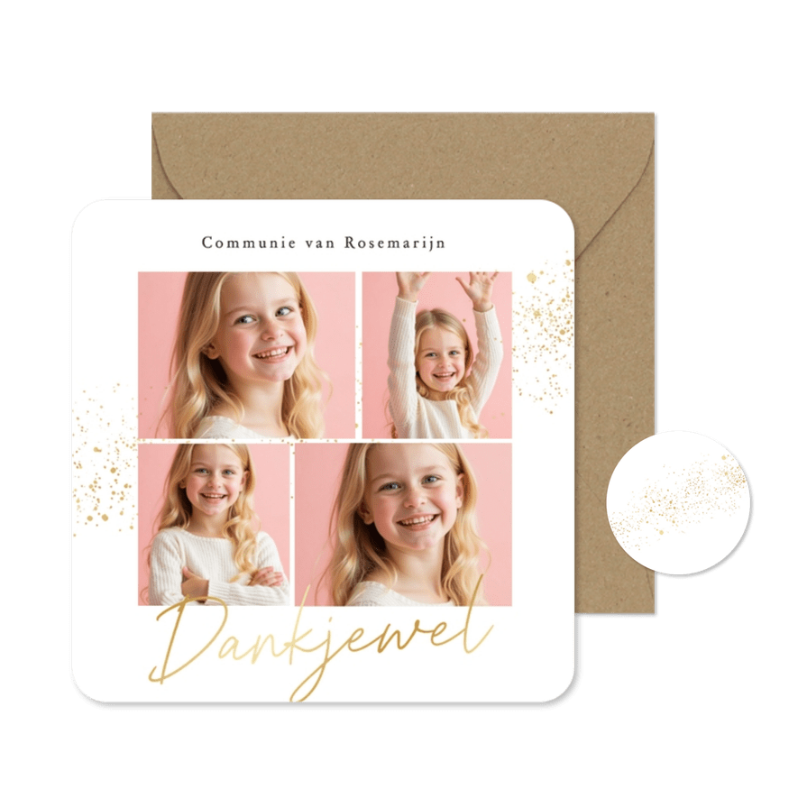 Communie bedankkaartje fotocollage wit met gouden spetters - Kaartimpressie