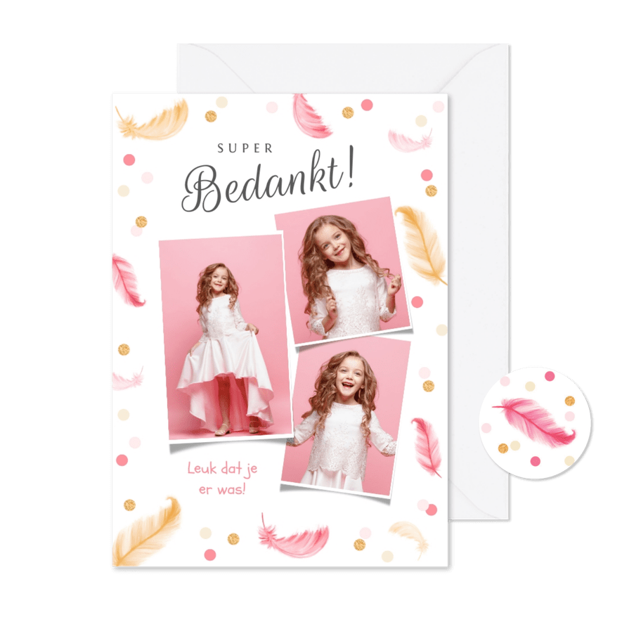 Communie bedankkaartje meisje veertjes confetti fotocollage - Kaartimpressie