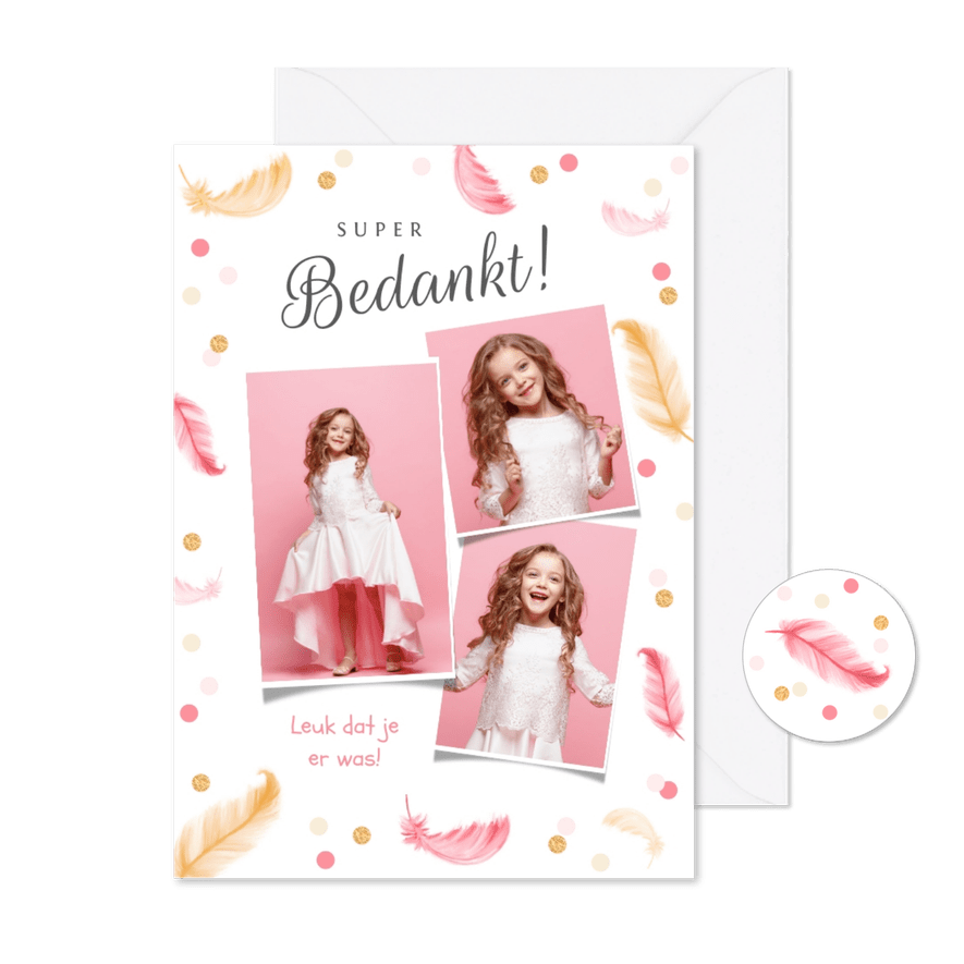 Communie bedankkaartje meisje veertjes confetti fotocollage - Kaartimpressie