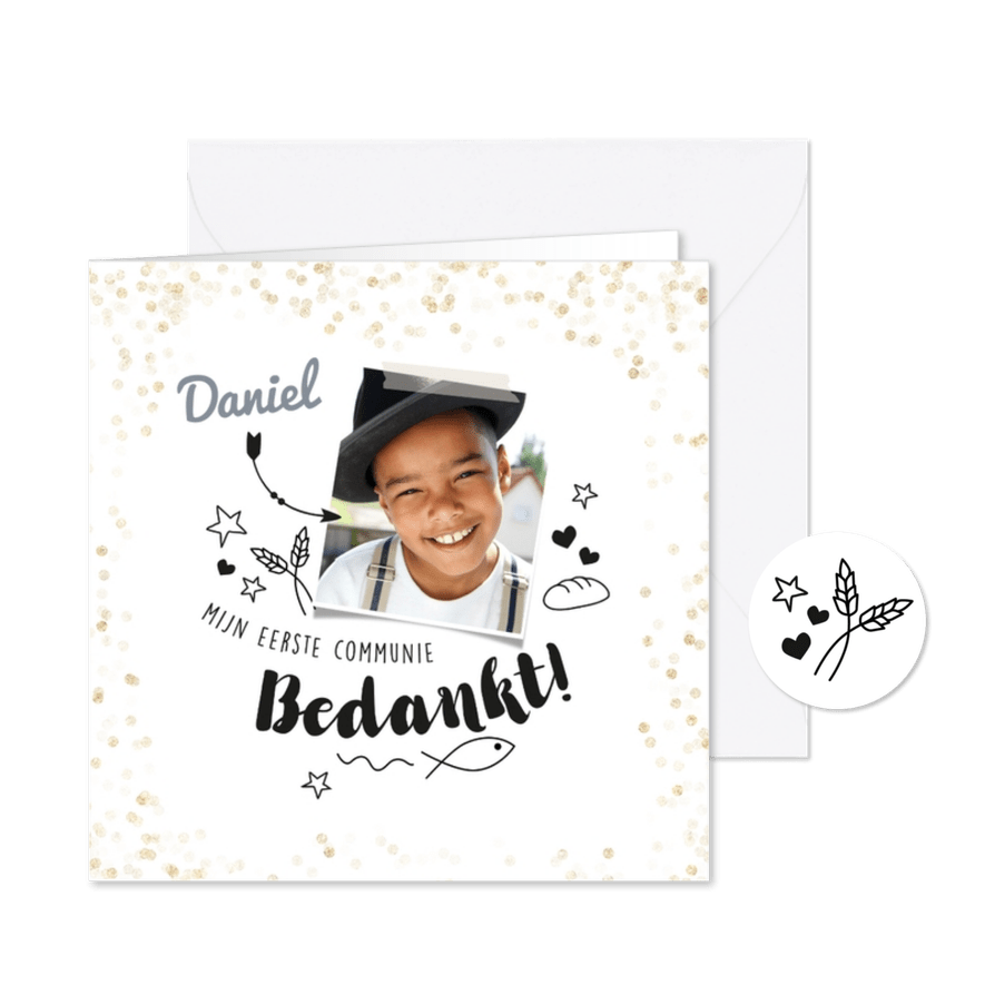 Communie bedankkaartje met foto en doodles - Kaartimpressie