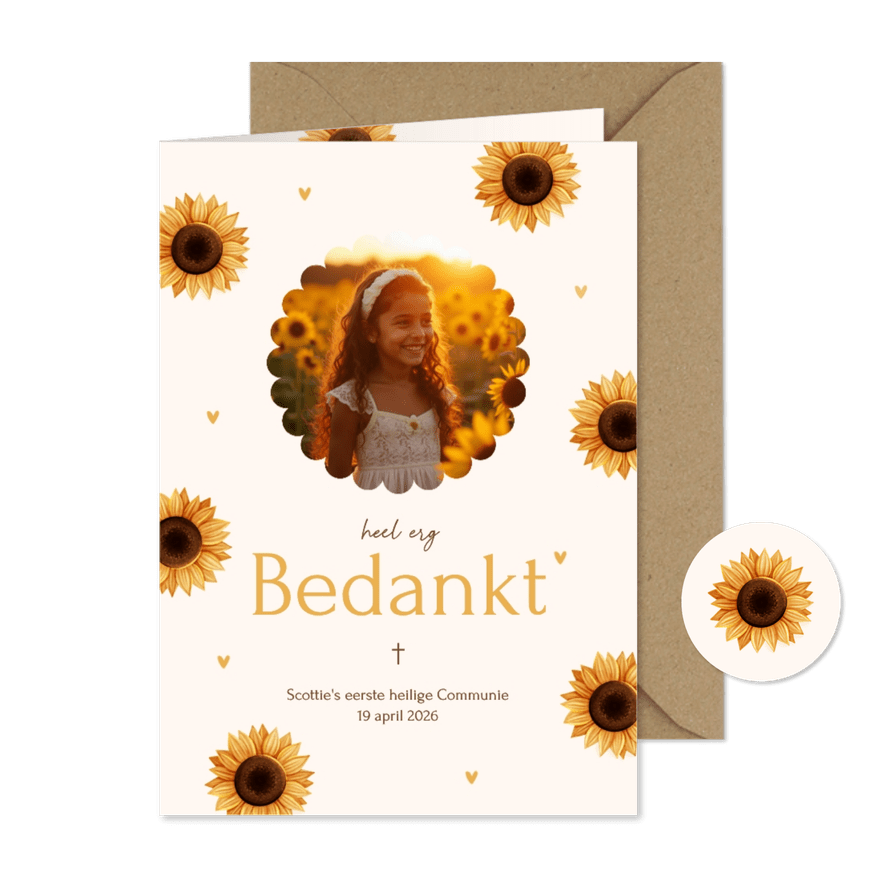 Communie bedankkaartje met foto, zonnebloemen en hartjes - Kaartimpressie