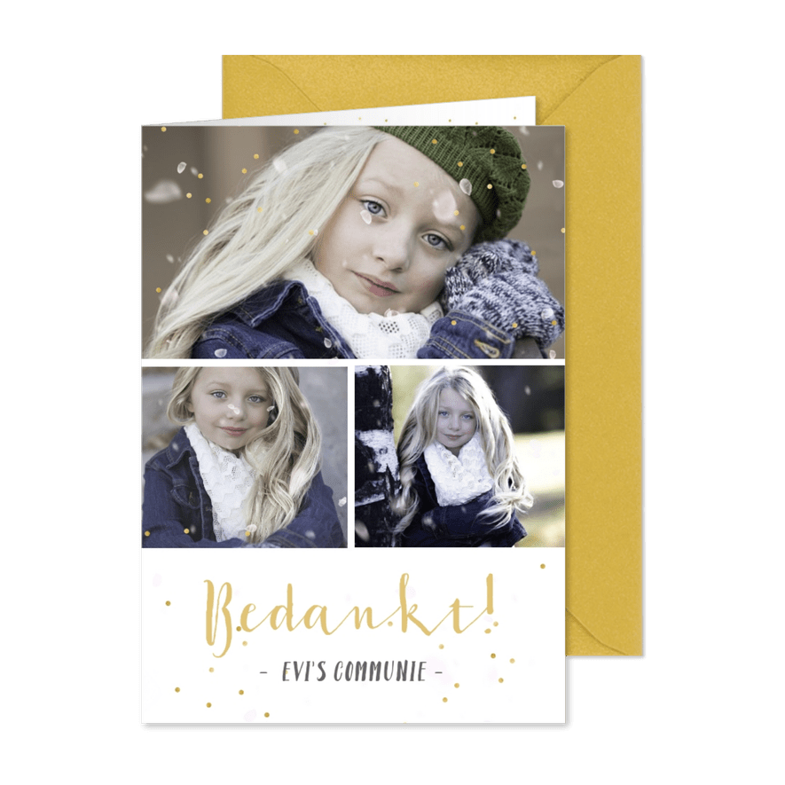 communie bedankkaartje met fotocollage met 3 foto's - Kaartimpressie