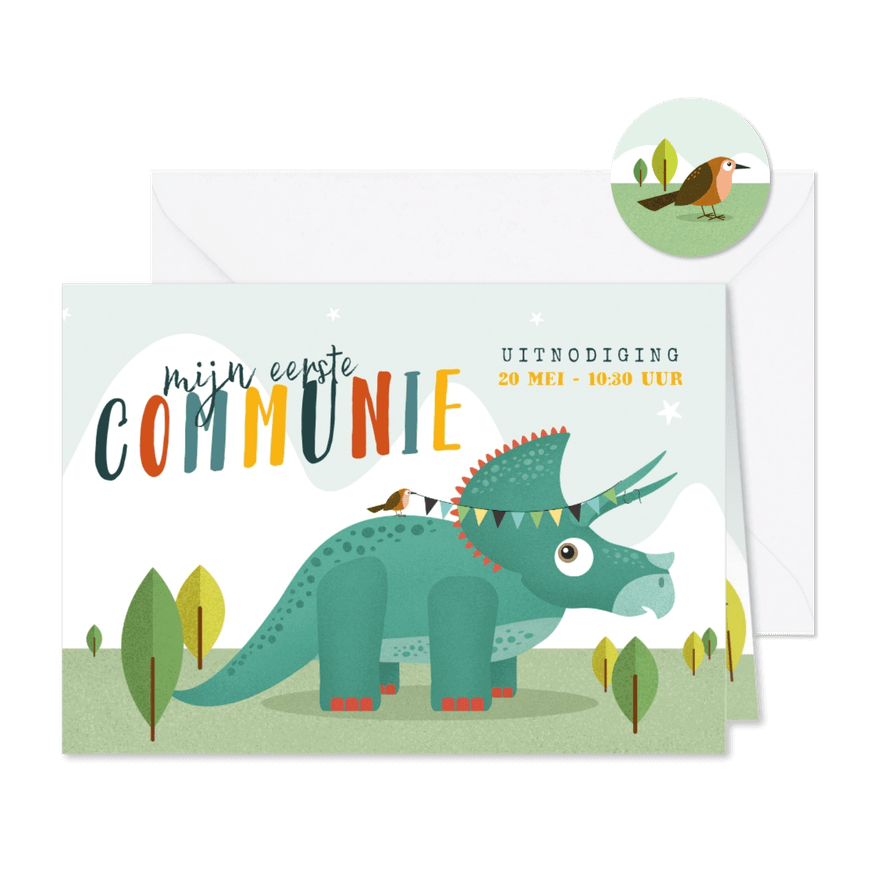 Communie dino triceratops vogel slinger  - Kaartimpressie