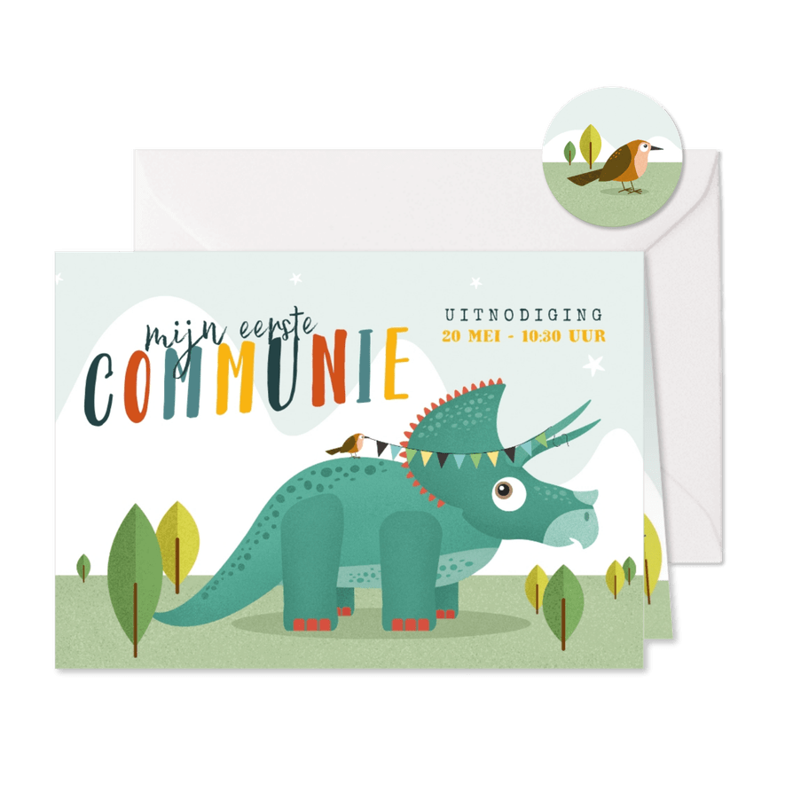 Communie dino triceratops vogel slinger  - Kaartimpressie