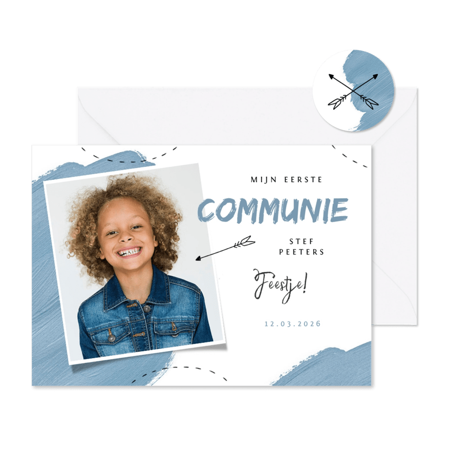 Communie feest uitnodiging blauw verf pijltje foto - Kaartimpressie