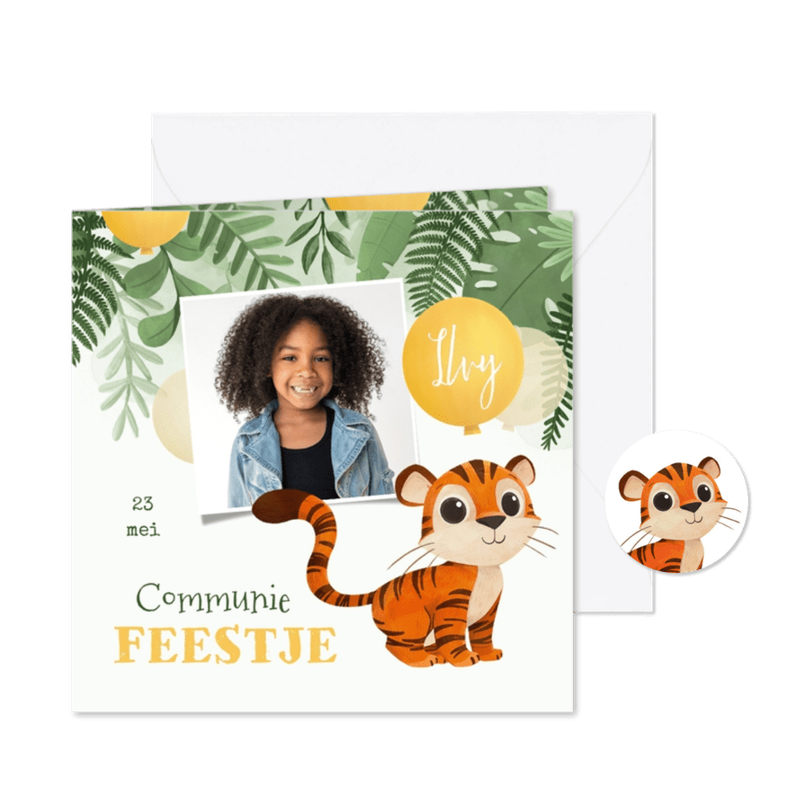 Communie feestje jungle tijger foto ballonnen - Kaartimpressie
