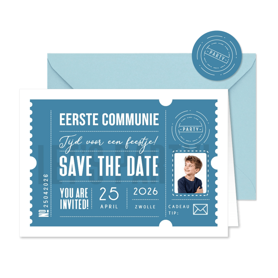Communie feestje ticket blauw stoer modern foto - Kaartimpressie