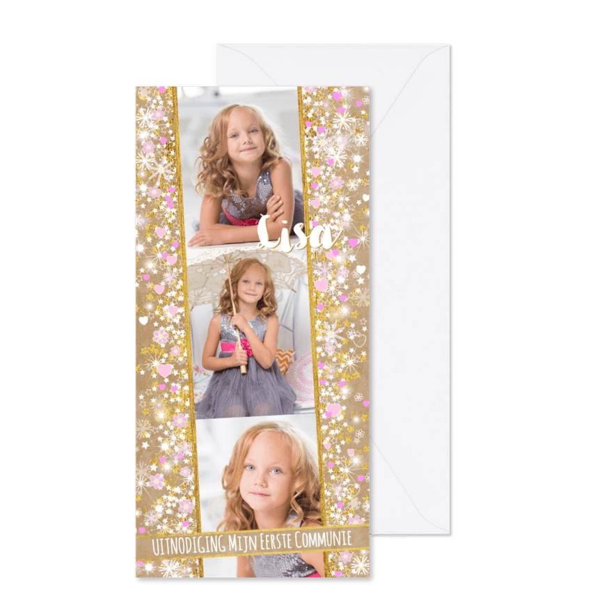Communie fleurige stijlvolle uitnodiging kraft en hartjes - Kaartimpressie
