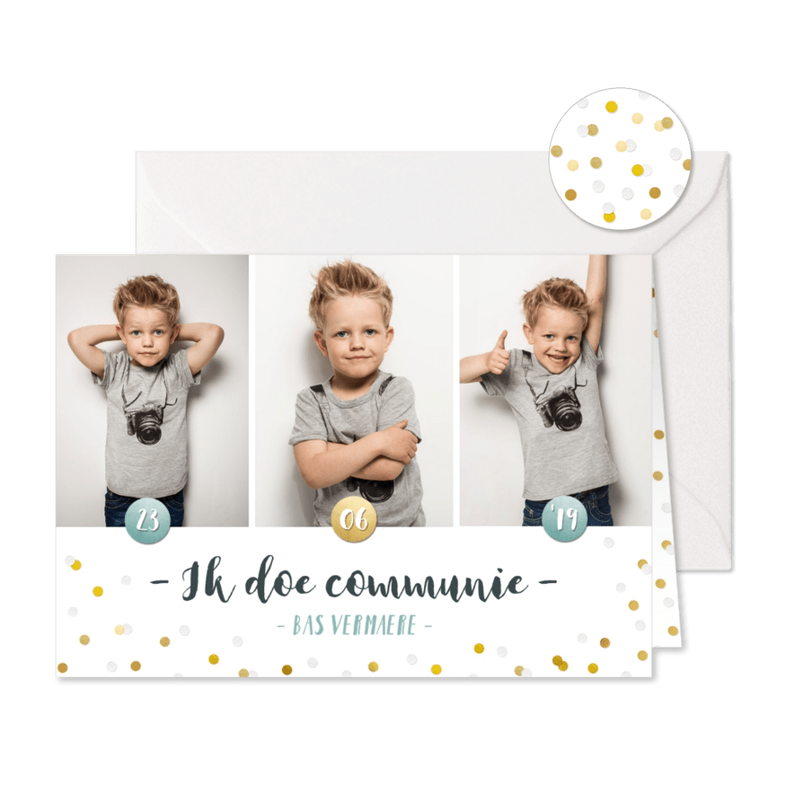 Communie fotocollage kaart jongen met goudlook confetti - Kaartimpressie