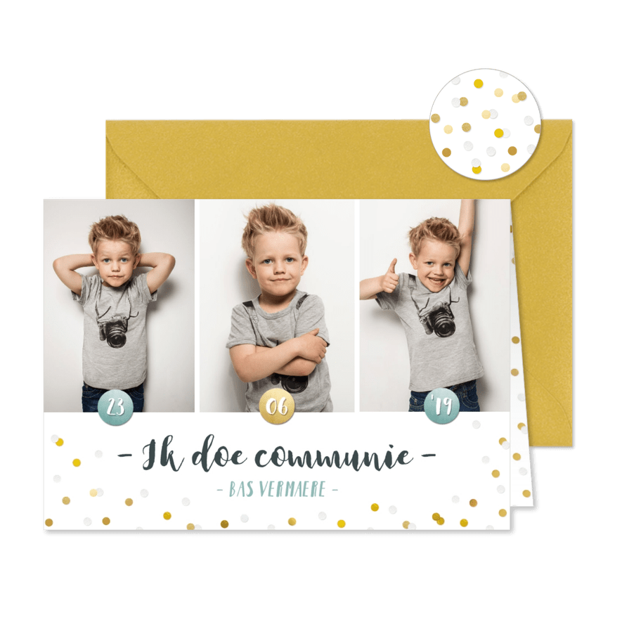 Communie fotocollage kaart jongen met goudlook confetti - Kaartimpressie