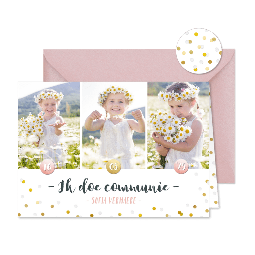 Communie fotocollage kaart meisje met goudlook confetti - Kaartimpressie