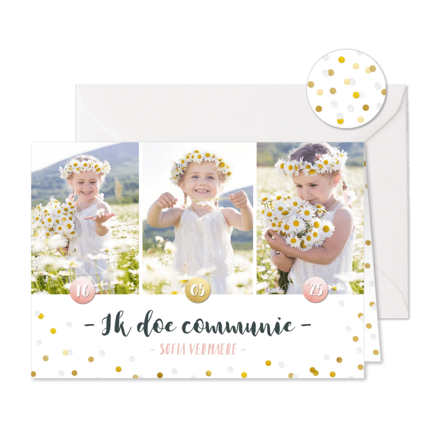 Communie fotocollage kaart meisje met goudlook confetti - Kaartimpressie