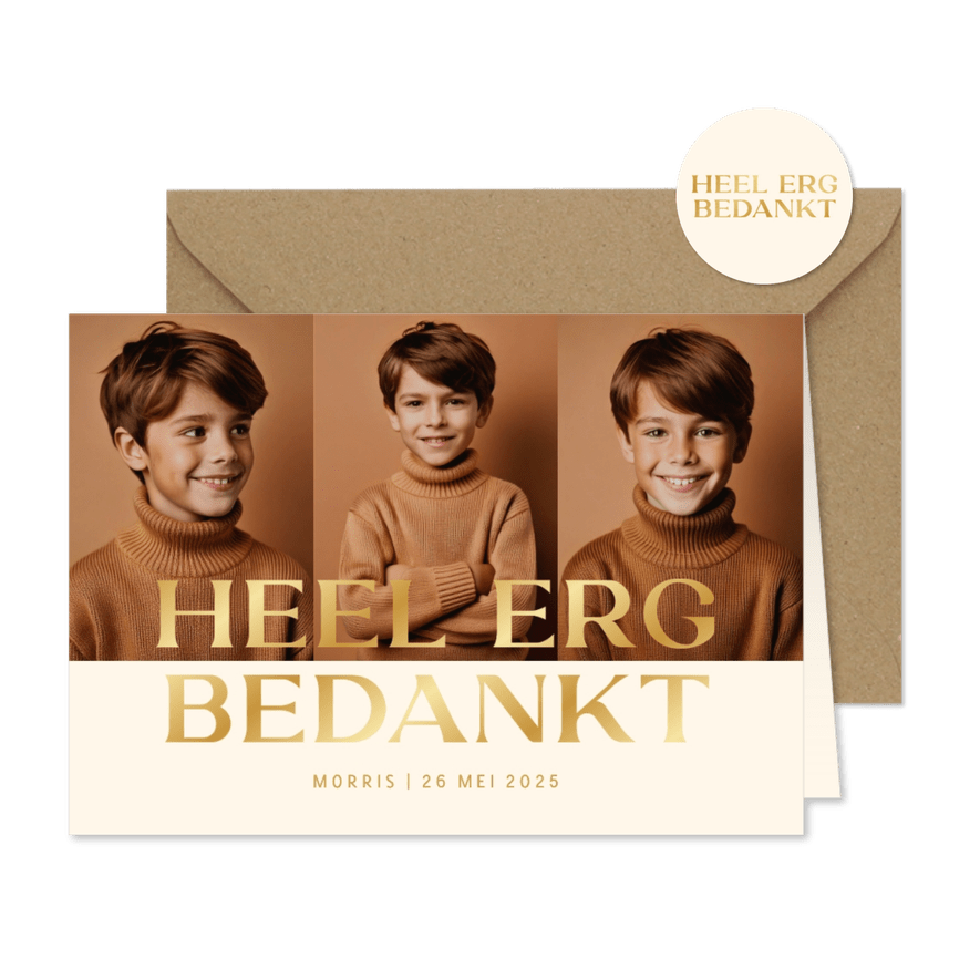 Communie fotokaart bedankt met goudfolie - Kaartimpressie