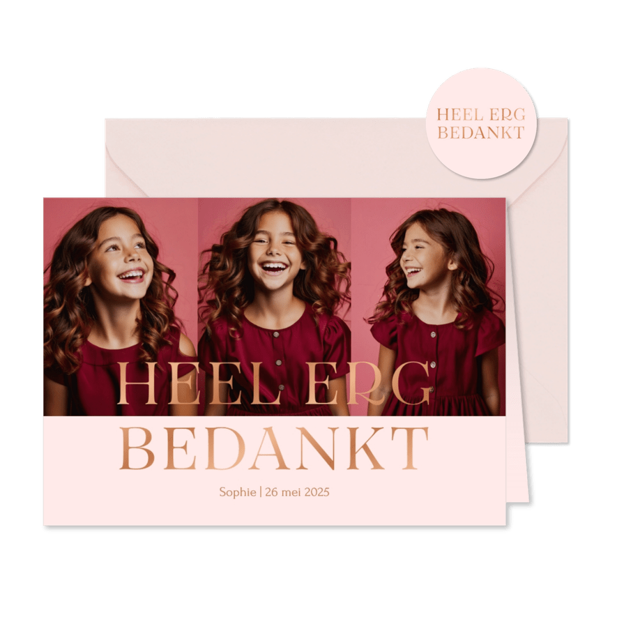 Communie fotokaart bedankt met koperfolie - Kaartimpressie