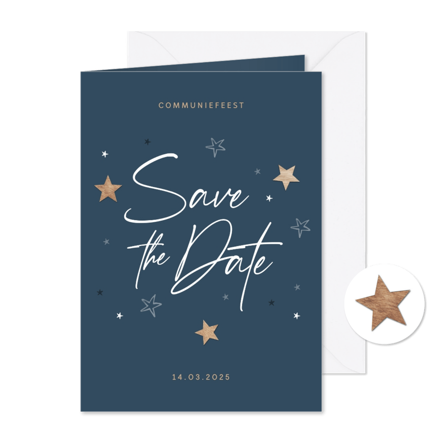 Communie houten sterren save the date uitnodiging stijlvol - Kaartimpressie