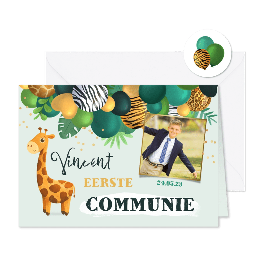 Communie in de jungle ballonnen foto giraf goud - Kaartimpressie