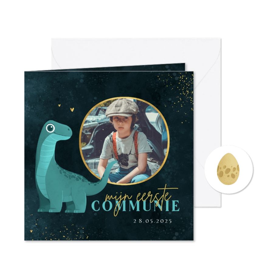 Communie jongen dino Brontosaurus goud hartjes - Kaartimpressie