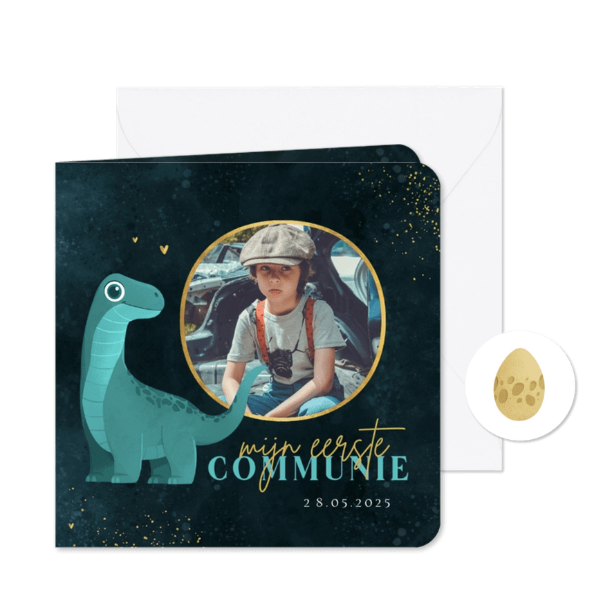 Communie jongen dino Brontosaurus goud hartjes - Kaartimpressie