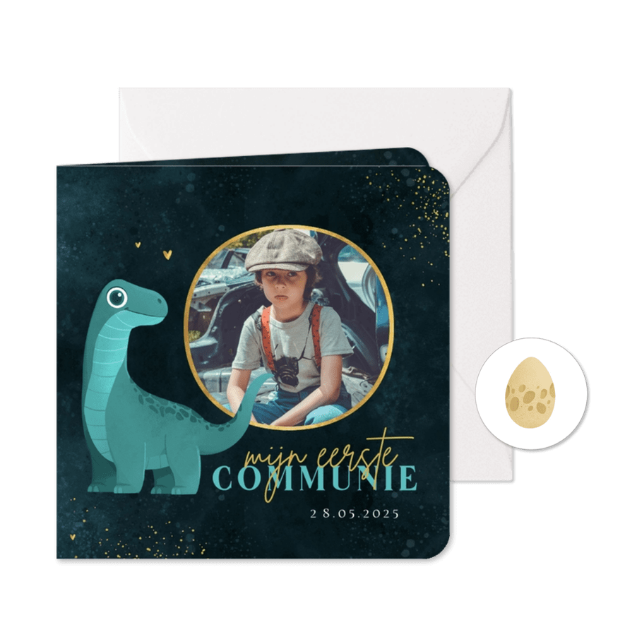 Communie jongen dino Brontosaurus goud hartjes - Kaartimpressie