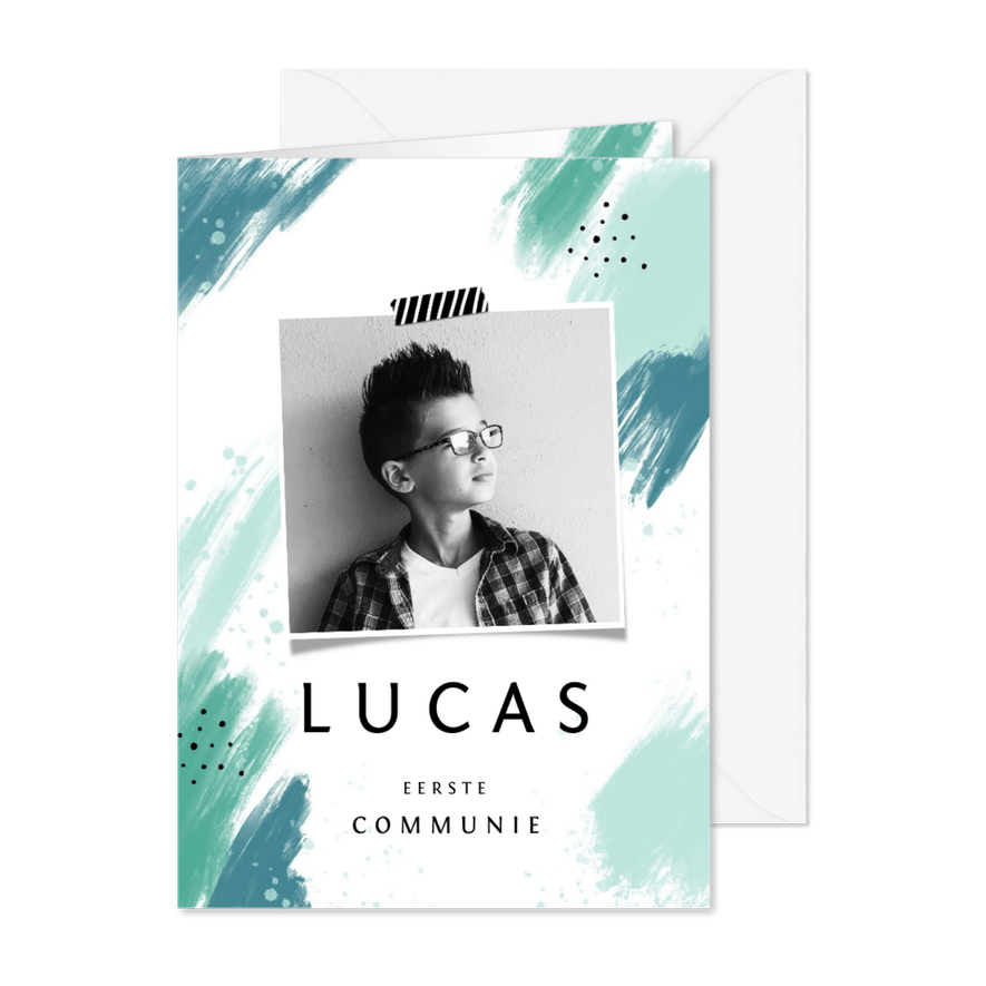 Communie jongen verf spetters foto uitnodiging - Kaartimpressie