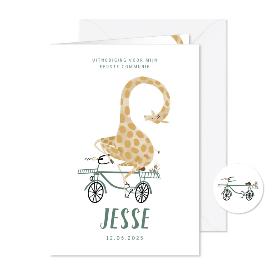 Communie kaartje giraf op de fiets illustratie - Kaartimpressie