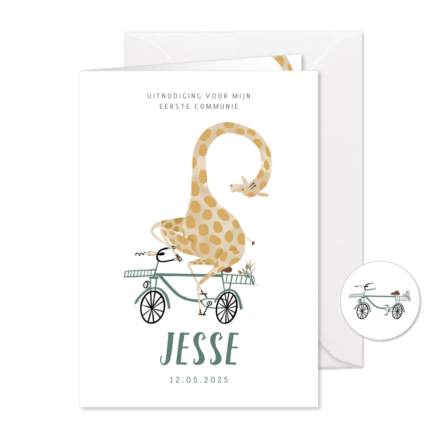Communie kaartje giraf op de fiets illustratie - Kaartimpressie
