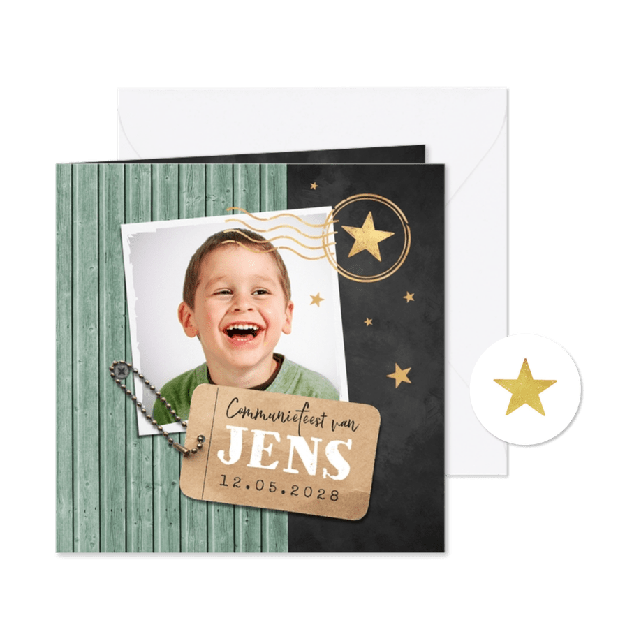 Communie label hout krijtbord foto goud sterren stempel - Kaartimpressie