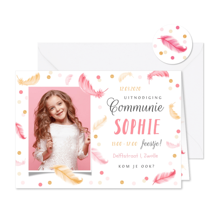 Communie lentefeest veertjes roze confetti - Kaartimpressie