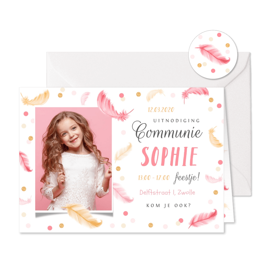 Communie lentefeest veertjes roze confetti - Kaartimpressie