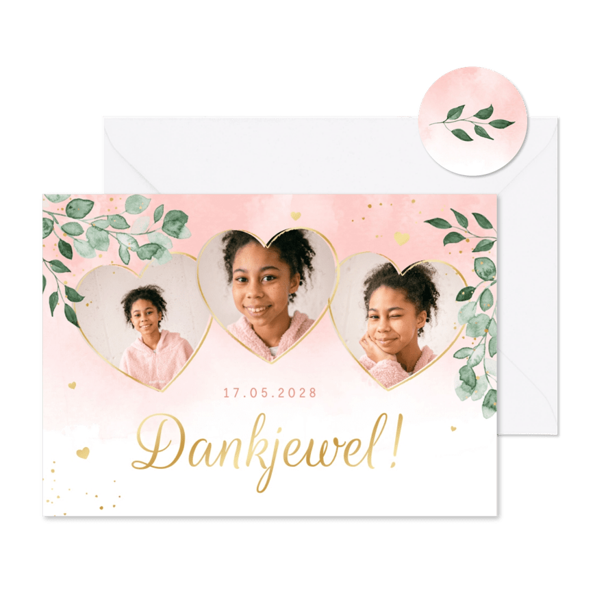 Communie lentefeest waterverf foto goud hartjes bedankkaart - Kaartimpressie