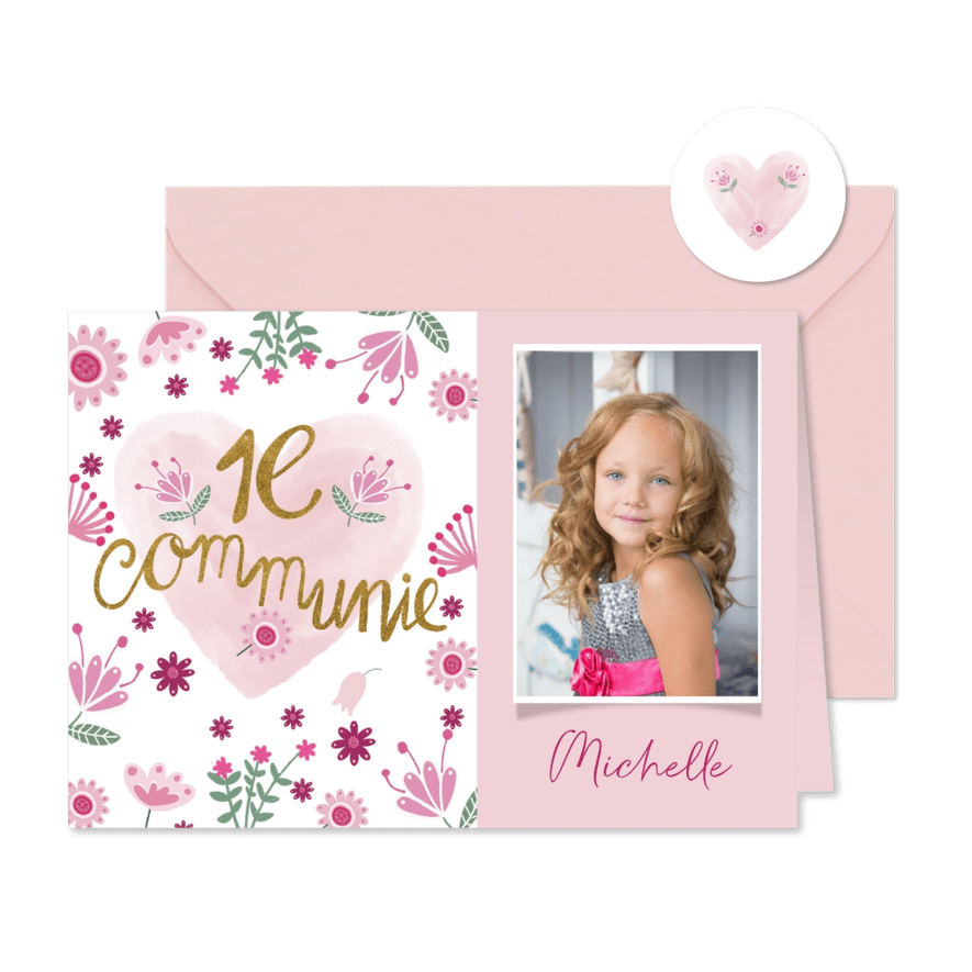 Communie meisje roze hart - Kaartimpressie