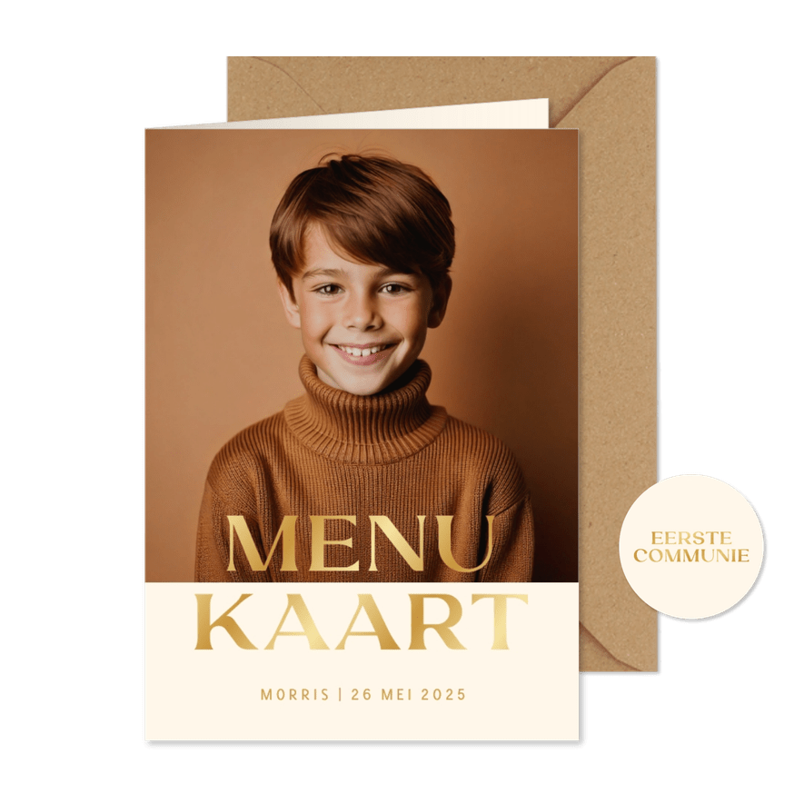 Communie menu fotokaart met goudfolie - Kaartimpressie