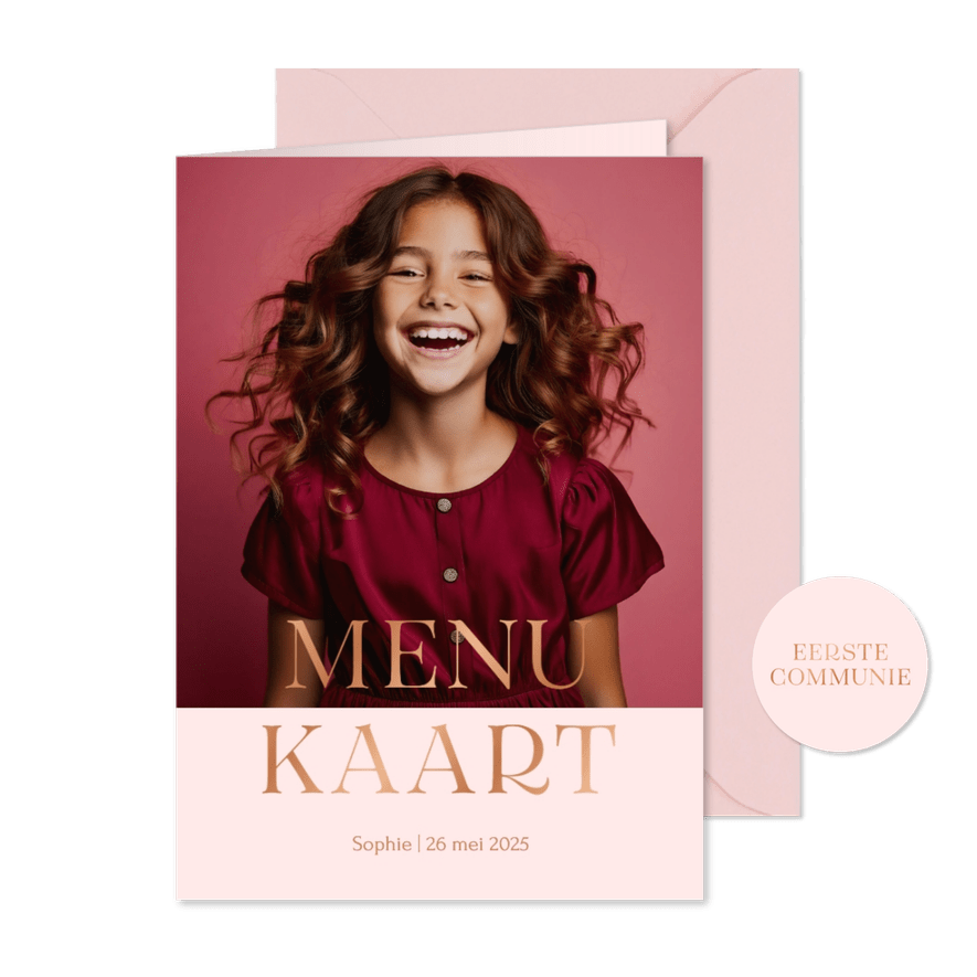 Communie menu fotokaart met koperfolie - Kaartimpressie