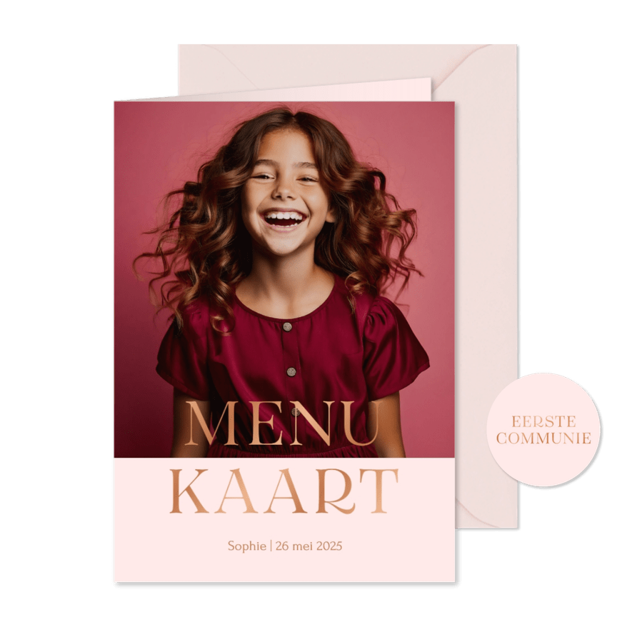 Communie menu fotokaart met koperfolie - Kaartimpressie