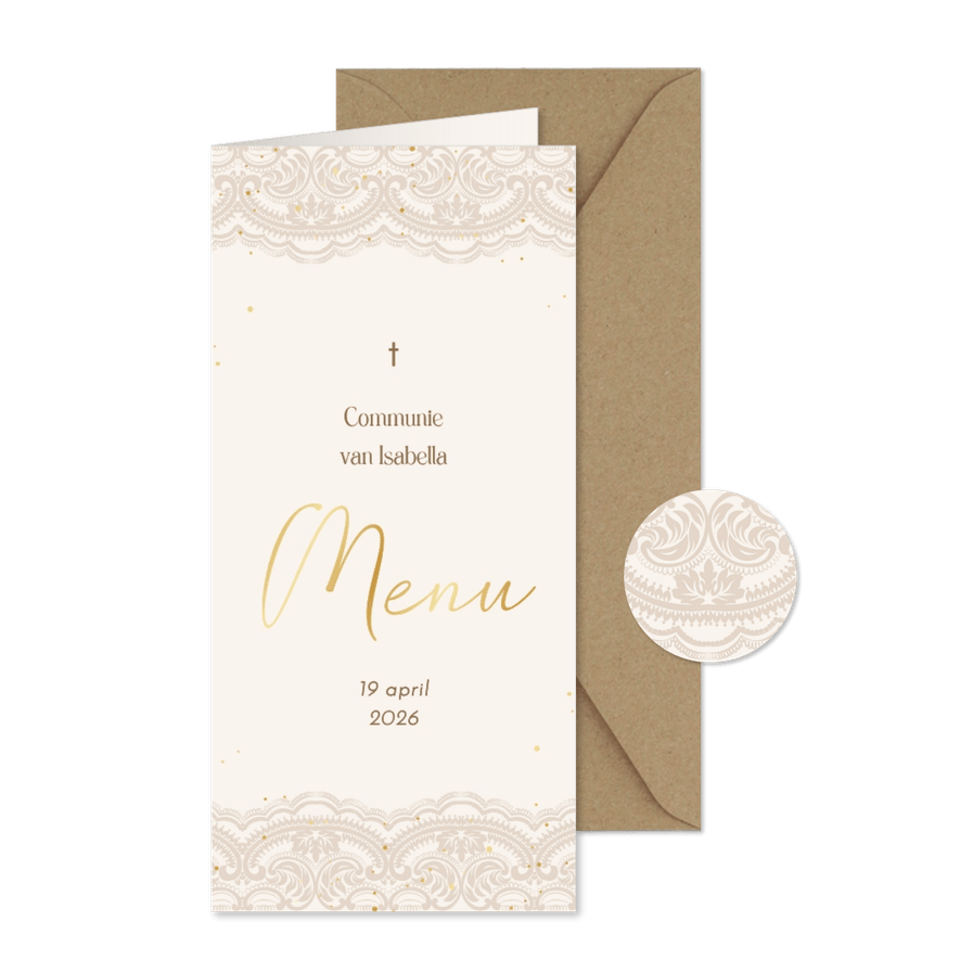 Communie menukaart beige kant met gouden spettertjes - Kaartimpressie