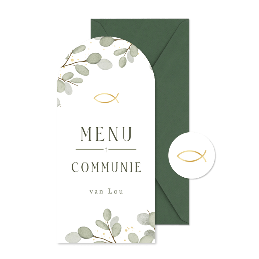 Communie menukaart eucalyptus langwerpige boogvorm - Kaartimpressie