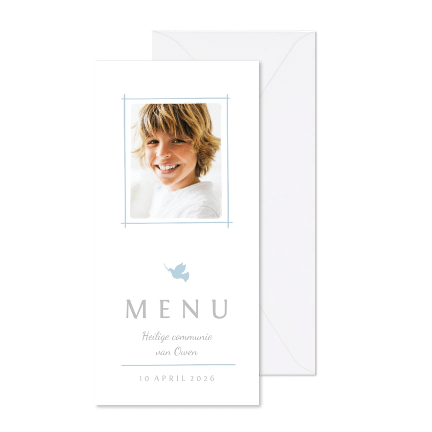Communie menukaart foto en blauw duifje - Kaartimpressie