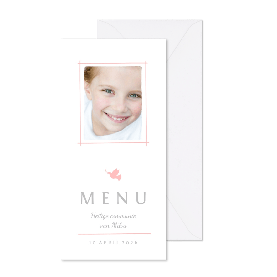 Communie menukaart foto en roze duifje - Kaartimpressie
