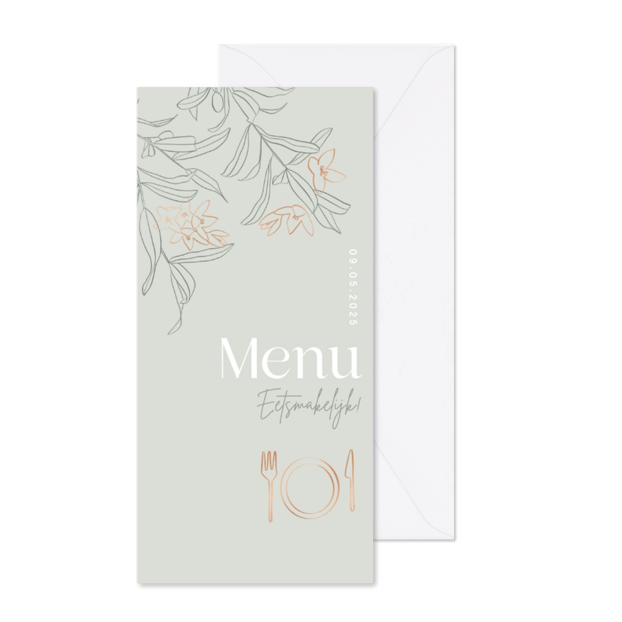 Communie menukaart groen koper olijftakjes - Kaartimpressie
