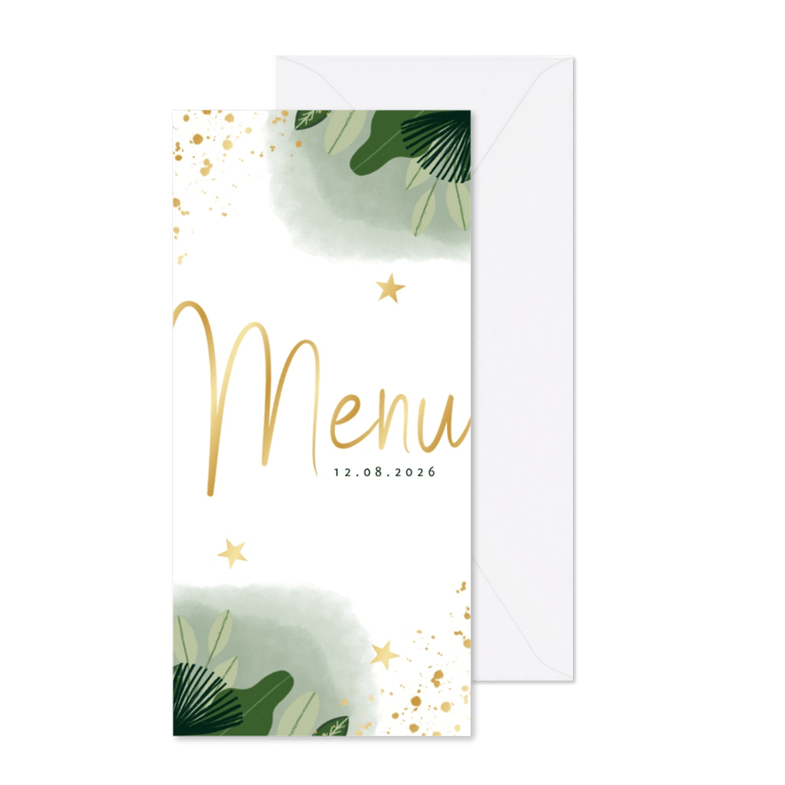 Communie menukaart hip planten, waterverf en gouden spetters - Kaartimpressie