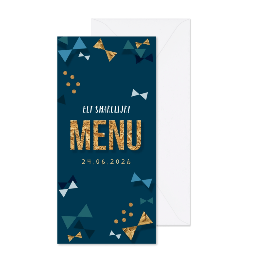Communie menukaart jongen confetti strikjes goud - Kaartimpressie