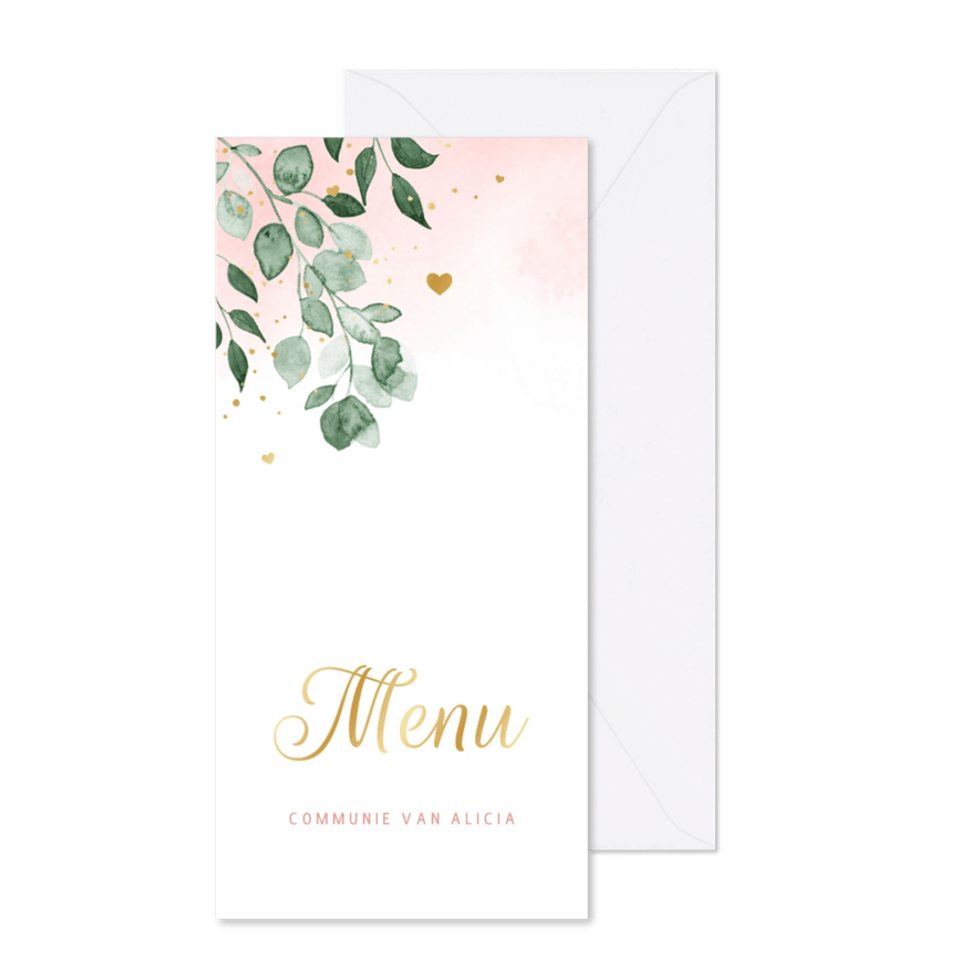 Communie menukaart lentefeest waterverf goud hartjes - Kaartimpressie