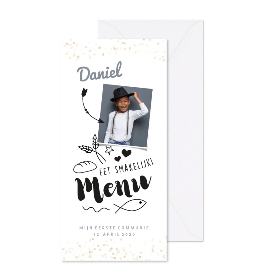 Communie menukaart met foto en doodles - Kaartimpressie