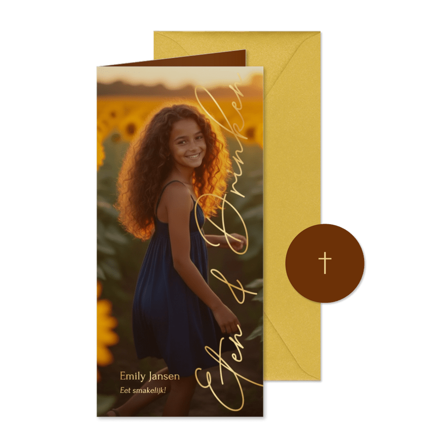 Communie menukaart stijlvol met grote foto en foliedruk - Kaartimpressie