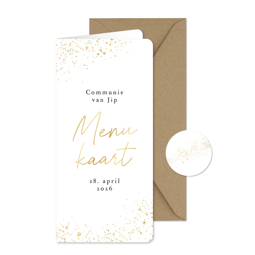 Communie menukaart wit met gouden spetters folie - Kaartimpressie