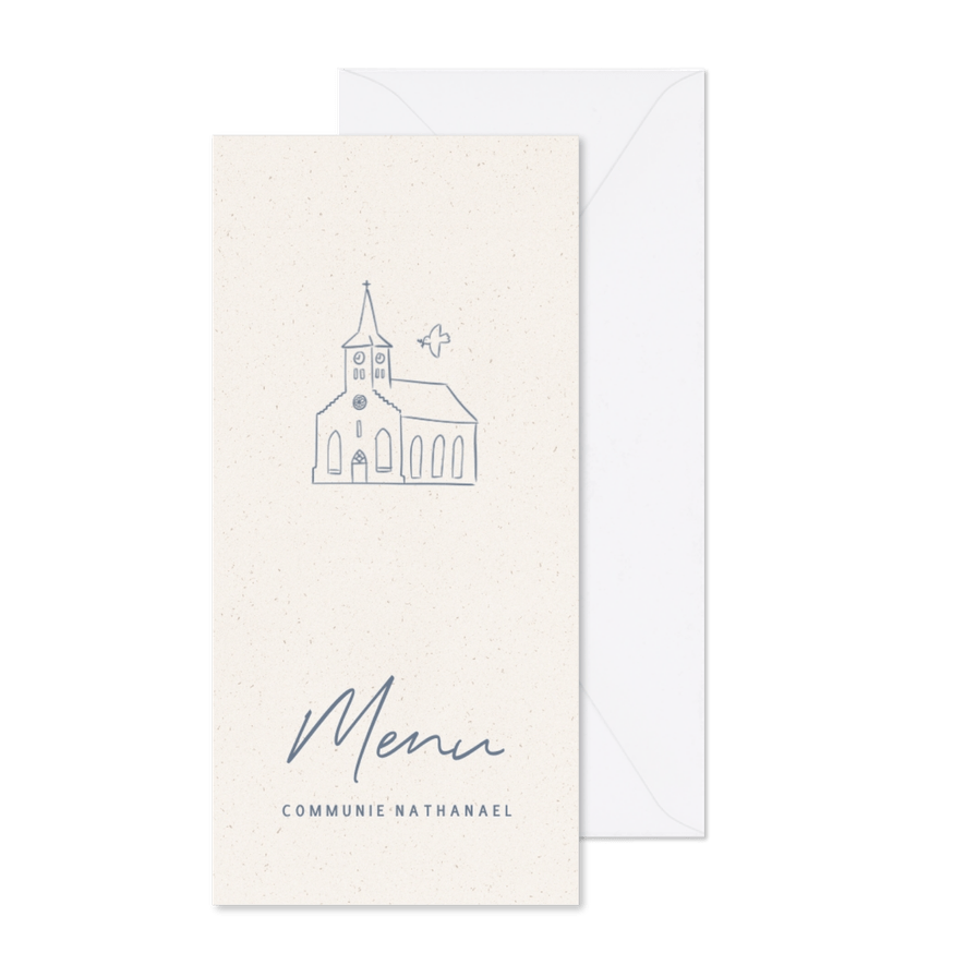 Communie menukaartje met illustratie van kerkje en duifje - Kaartimpressie
